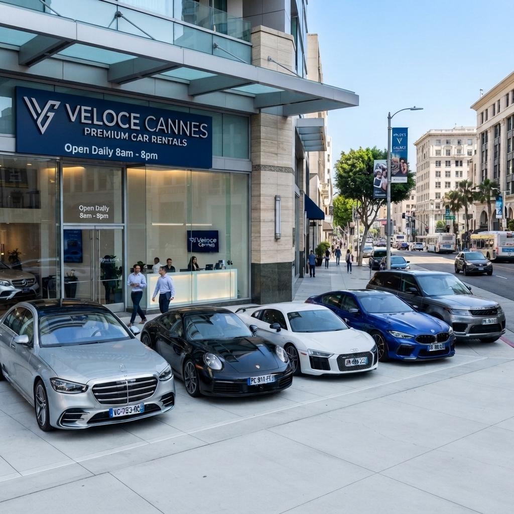 Agence VELOCE Cannes, façade avec véhicules premium garés devant