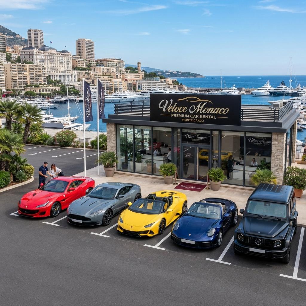 Agence VELOCE Monaco, façade avec véhicules premium garés devant le port