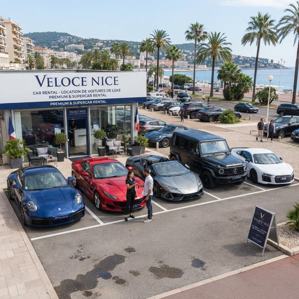 Agence VELOCE Nice, façade avec véhicules premium garés devant, front de mer