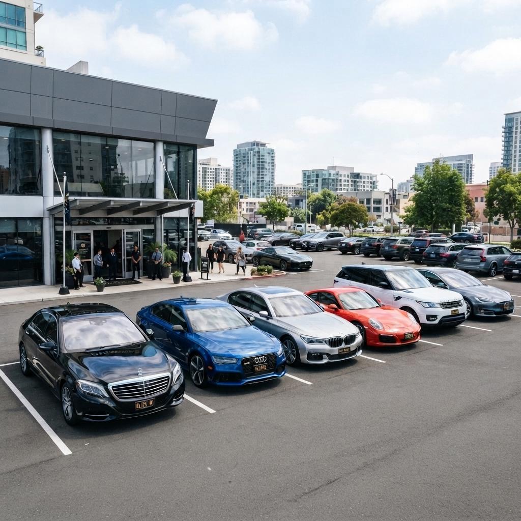 Façade d'une agence VELOCE avec plusieurs véhicules premium garés devant.