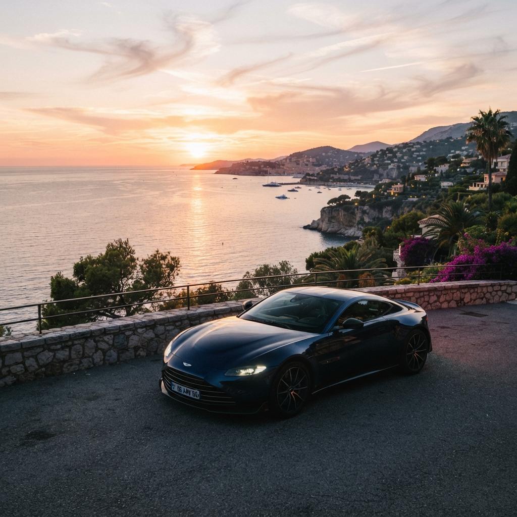Voiture de sport garée face à la mer sur la Côte d'Azur au coucher du soleil.