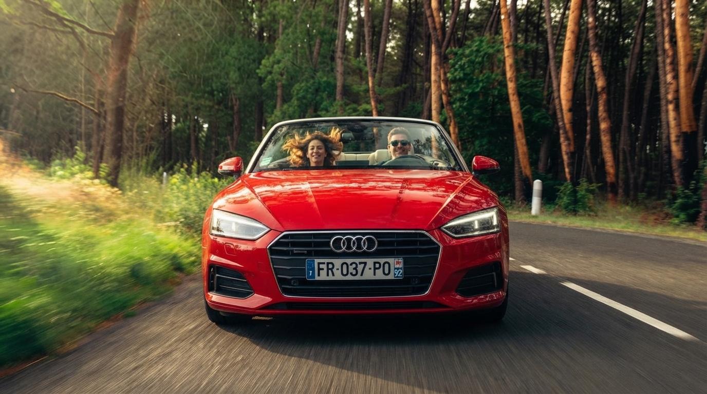 Audi A5 Cabriolet rouge décapoté sur une route en forêt