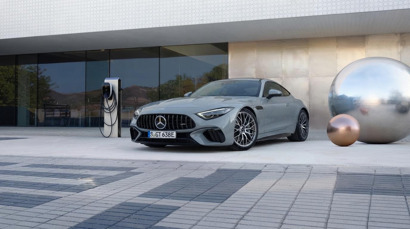 Mercedes-AMG GT coupé gris devant un bâtiment moderne