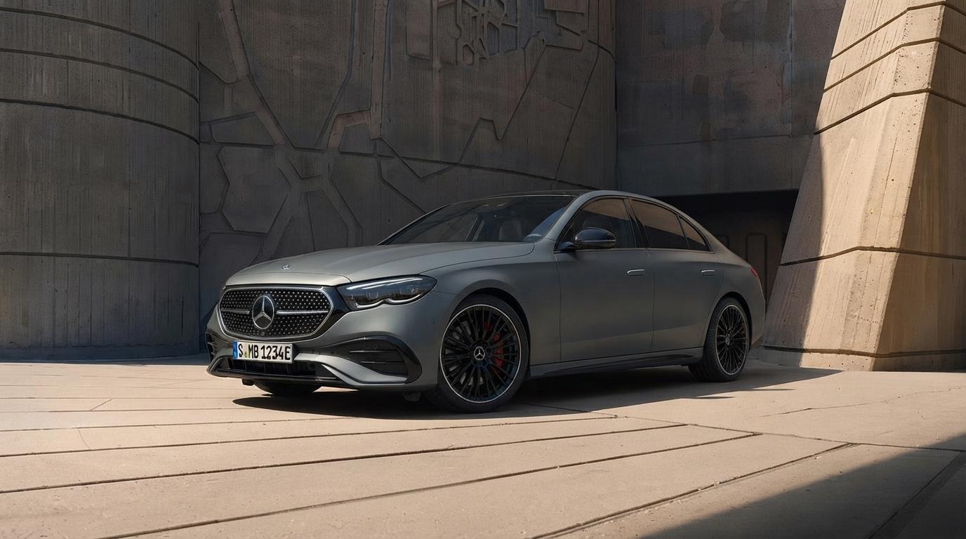 Mercedes Classe E grise garée devant un mur en béton