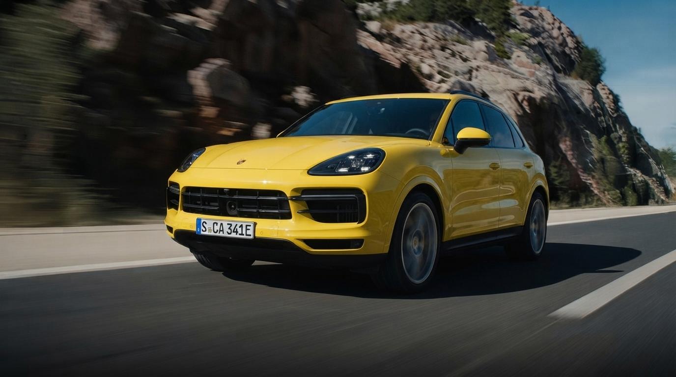 Porsche Cayenne jaune sur une route de montagne