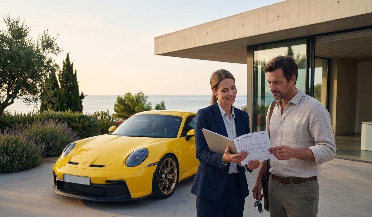 Remise des clés d'une Porsche 911 GT3 jaune devant une villa face à la mer.