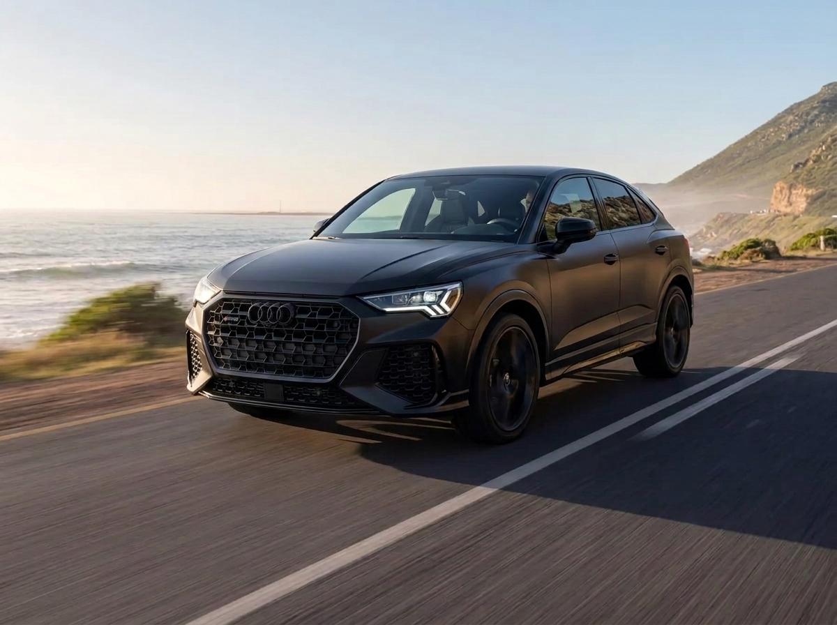 Audi RS Q3 noire roulant sur une route côtière.