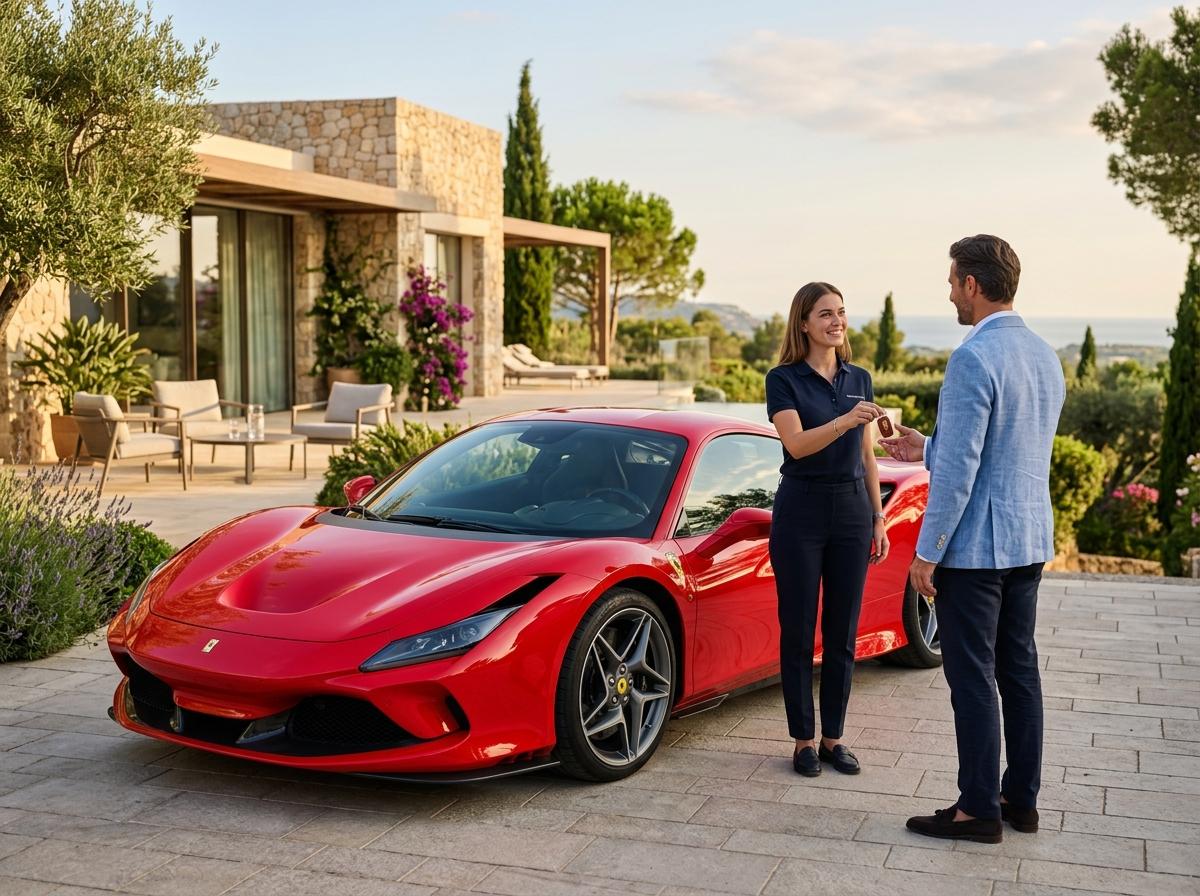 Remise des clés d'une Ferrari rouge devant une villa face à la mer.