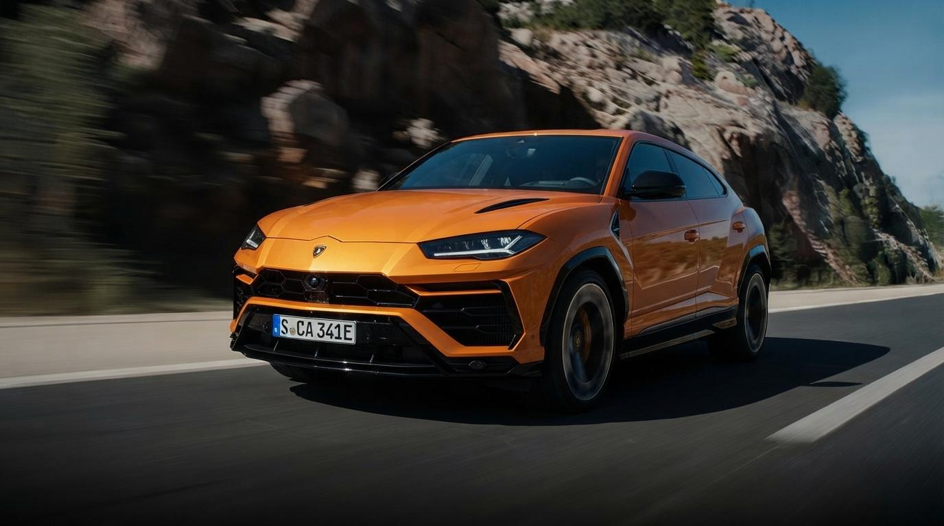 Lamborghini Urus orange sur une route de montagne