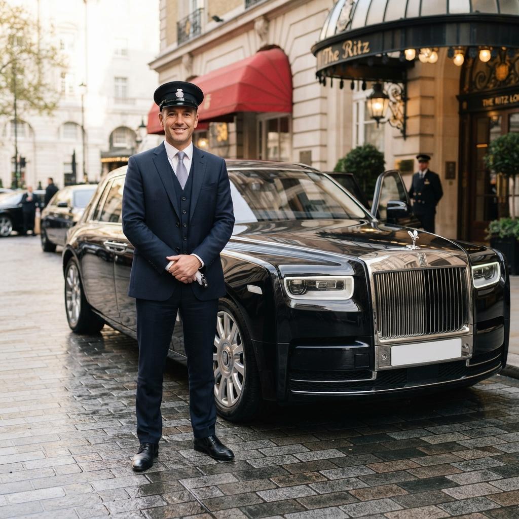 Chauffeur privé en uniforme devant une Rolls-Royce.