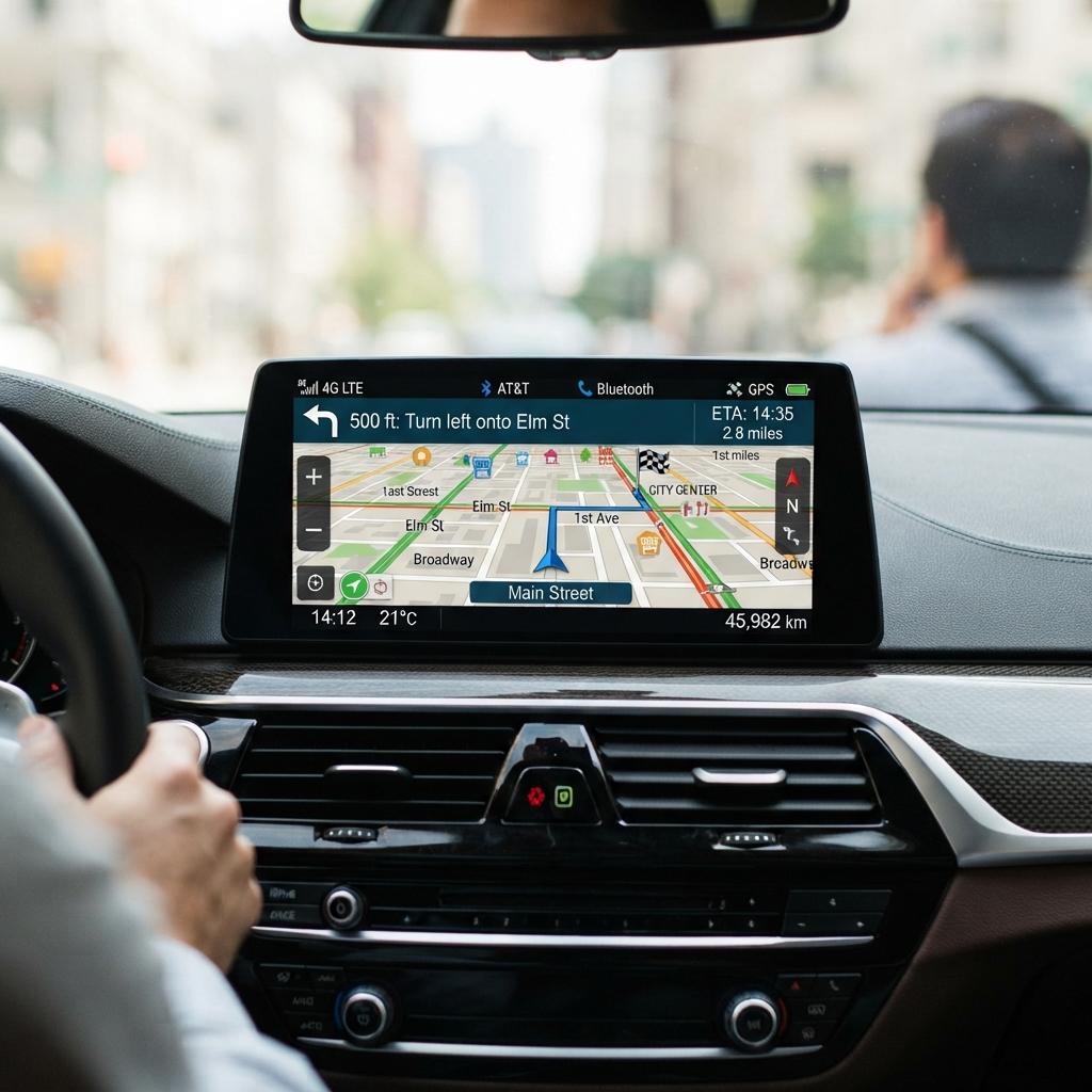 Écran GPS de navigation embarquée dans un véhicule.