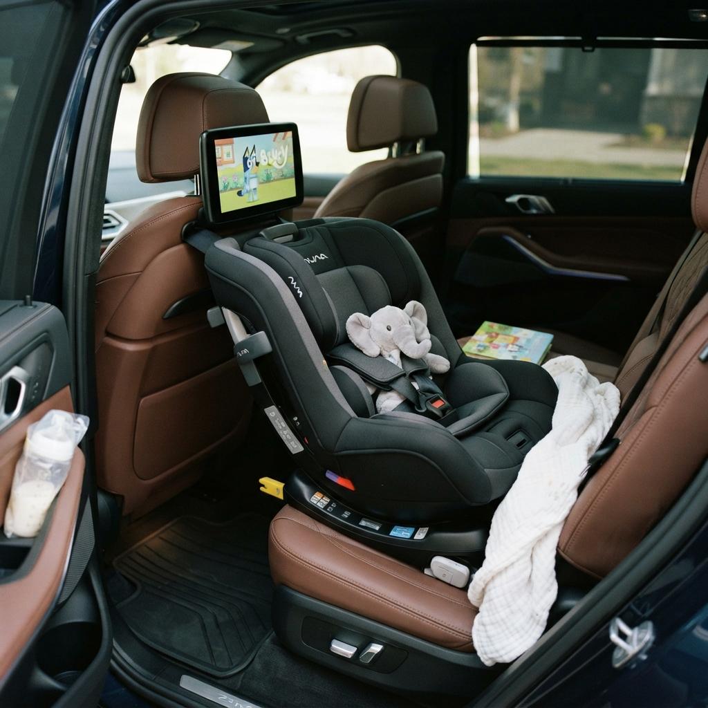 Siège auto pour enfant installé sur la banquette arrière.